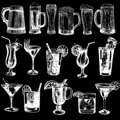 Set of hand drawn sketch style beer and highball cocktails isolated on black background. Vector illustration.