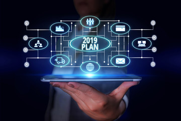 Word writing text 2019 Plan. Business photo showcasing setting up your goals and plans for the current year or in 2019 Woman wear formal work suit presenting presentation using smart device