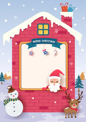 Merry Christmas with santa claus and house frame on snow background.