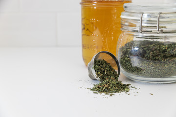 amber, aroma, beverage, brew, brewed, brewing, brown, drink, dry, flat lay, food, fresh, green, health, healthy, herb, herbal, herbs, hot, infusion, ingredient, jar, leaf, liquid, loose leaf, loose te