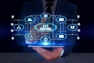 Text sign showing Key Personnel. Business photo text Program Directors Principal Investigator Project Executives Male human wear formal work suit presenting presentation using smart device