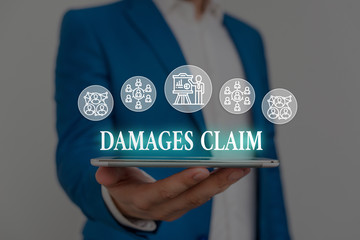 Text sign showing Damages Claim. Business photo showcasing Deanalysisd Compensation Litigate...