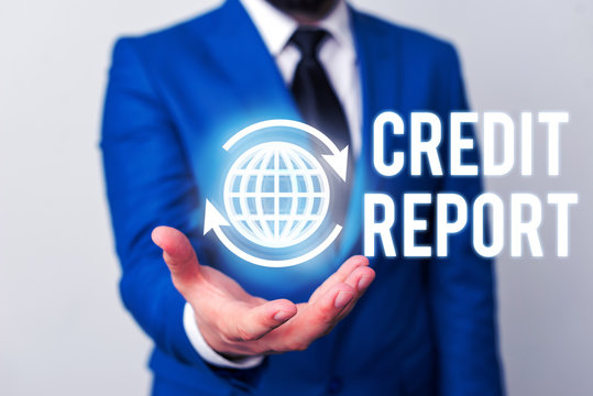 Word writing text Credit Report. Business photo showcasing Borrowing Rap Sheet Bill and Dues Payment Score Debt History - Powered by Adobe