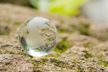 Close up of glass globe in the forest.
