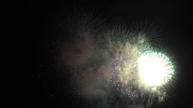 Sparkly colorful firework bursts in the midnight sky for celebration, wide shot