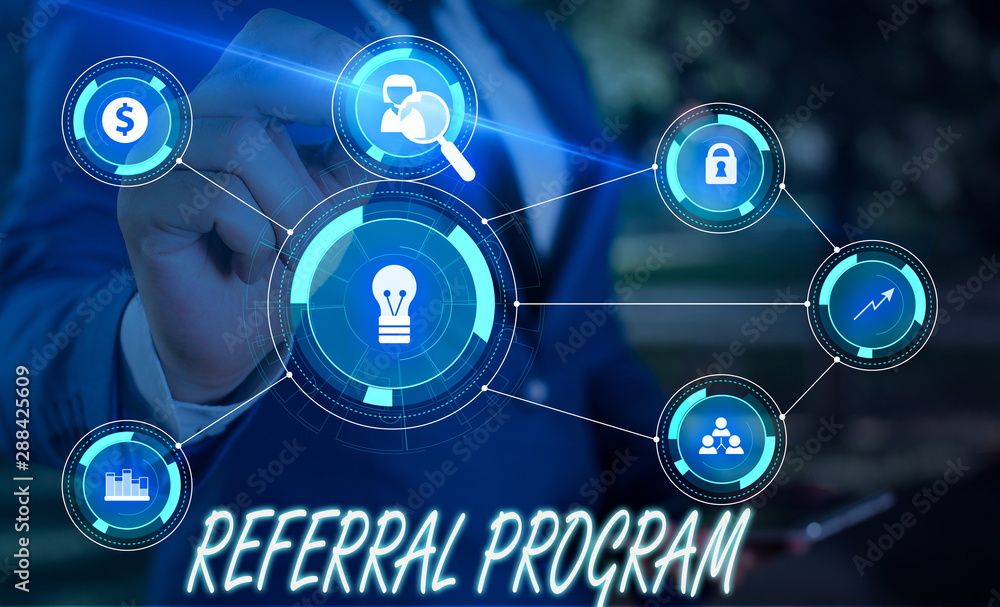 Aufkleber writing note showing referral program. business concept for employees are rewarded for introducing s