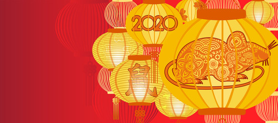 Traditional red Chinese lantern decorated for the Chinese New Year. Translation Mouse