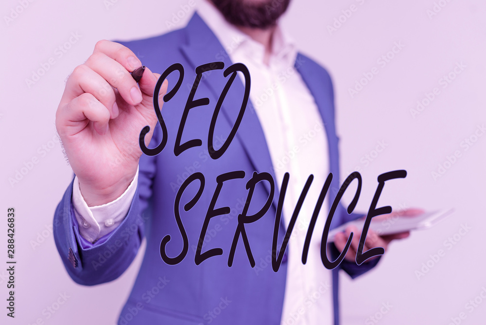 Poster text sign showing seo service. business photo showcasing techniques and procedures to increase the w