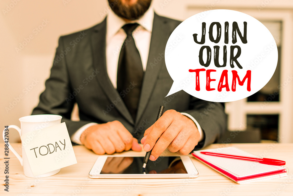 Poster writing note showing join our team. business concept for inviting someone to join in your local grou
