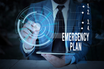 Writing note showing Emergency Plan. Business concept for procedures for handling sudden or...