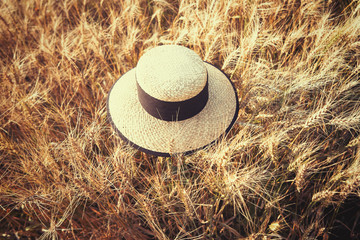lost straw hat in a wheat field