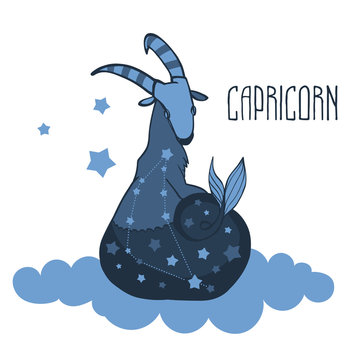 Capricorn on a cloud surrounded by stars. Zodiac constellation. Vector graphics.