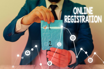 Conceptual hand writing showing Online Registration. Concept meaning System for subscribing or...