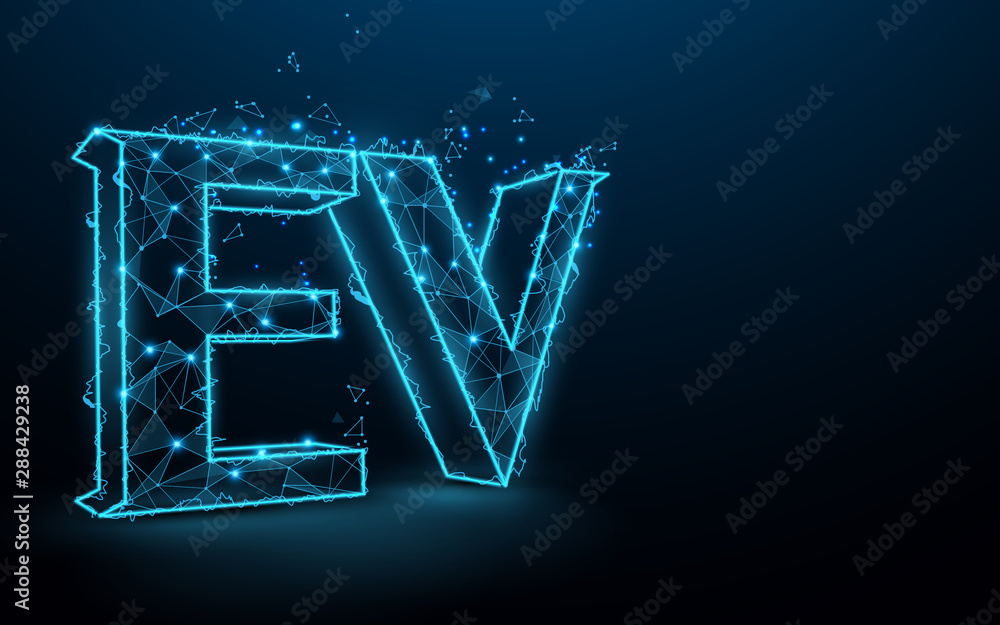 Poster EV or electric vehicle icon from lines, triangles and particle style design. Illustration vector