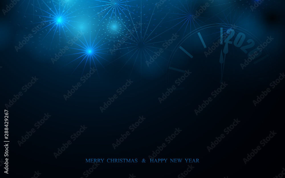 Poster Merry Christmas and Happy New Year postcard. Abstract colored firework with Retro style clock on blue and black background