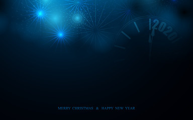 Merry Christmas and Happy New Year postcard. Abstract colored firework with Retro style clock on blue and black background