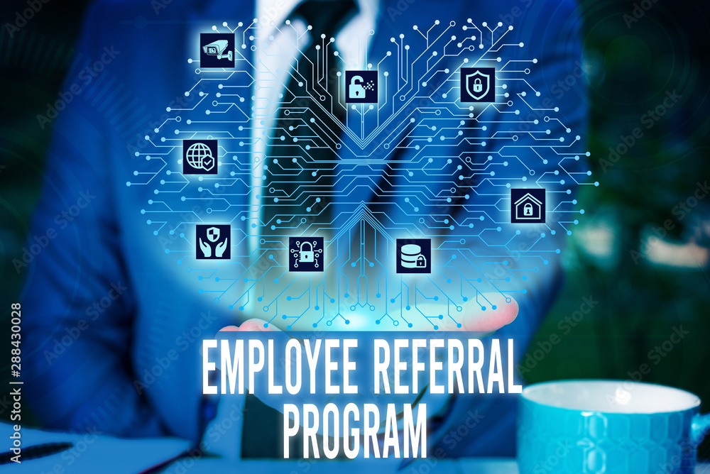 Aufkleber handwriting text employee referral program. conceptual photo employees are rewarded for introducing 