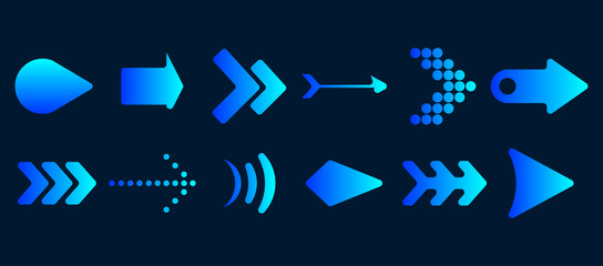 Set of vector arrows. Blue Arrows icon vector on black background