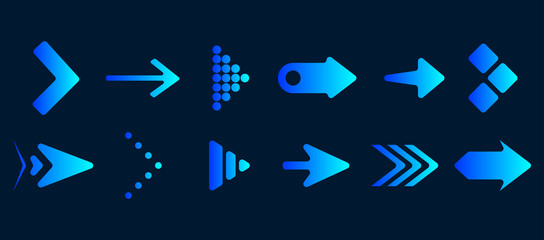 Set of vector arrows. Blue Arrows icon vector on black background