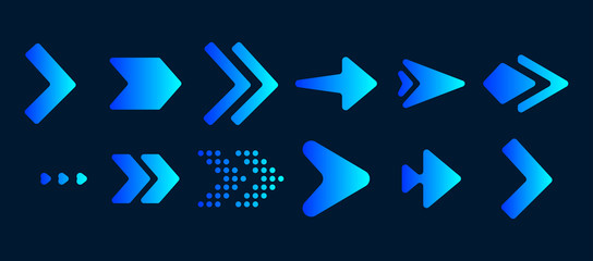 Set of vector arrows. Blue Arrows icon vector on black background