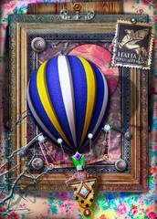 Keuken foto achterwand Fantasie Achtergrond met ouderwets frame en hete luchtballon