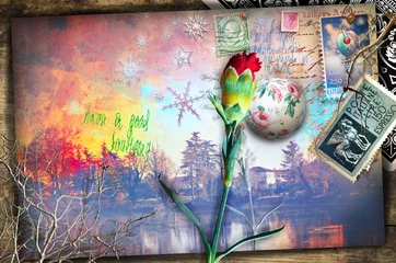 Foto auf Acrylglas Alte Postkarte mit Märchenlandschaft und roter Nelke © Rosario Rizzo