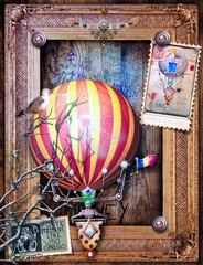 Abwaschbare Fototapete Phantasie Vintage und altmodische Postkarte mit einem Steampunk-Heißluftballon im Flug