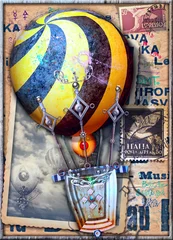 Keuken foto achterwand Fantasie Vintage en ouderwetse ansichtkaart met een steampunk luchtballon tijdens de vlucht