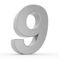 Number 9 chrome gray collection on white background illustration 3D rendering