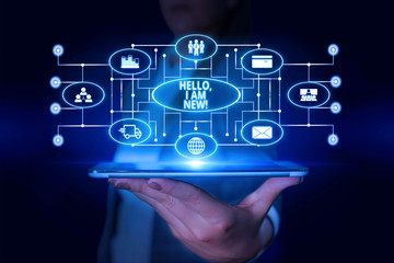 Word writing text Hello I Am New. Business photo showcasing introducing oneself in a group as fresh worker or student Woman wear formal work suit presenting presentation using smart device