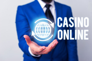 Word writing text Casino Online. Business photo showcasing Computer Poker Game Gamble Royal Bet Lotto High Stakes