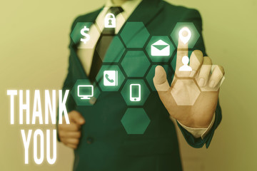 Writing note showing Thank You. Business concept for a polite expression used when acknowledging a...