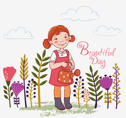 Cute child girl watering flowers in summer garden. Outdoor activities on vacation