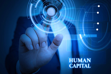 Handwriting text Huanalysis Capital. Conceptual photo Intangible Collective Resources Competence Capital Education Male human wear formal work suit presenting presentation using smart device