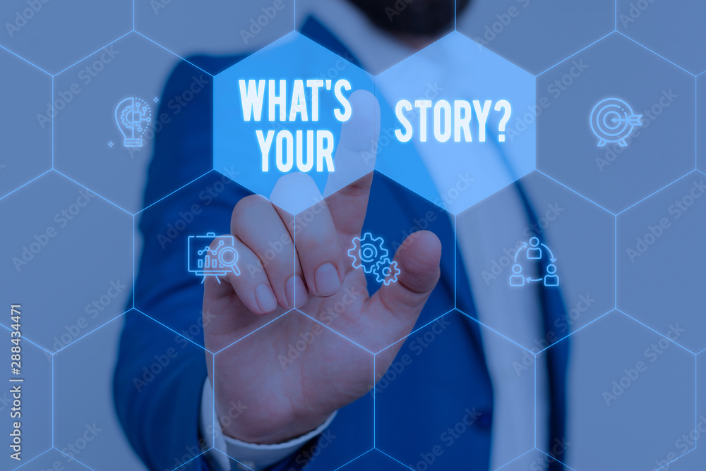 Fototapete text sign showing what s is your story question. business photo text analysisner of asking demonstra