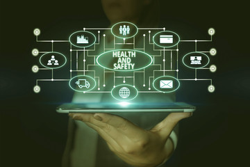 Word writing text Health And Safety. Business photo showcasing procedures intended to prevent accident in workplace Woman wear formal work suit presenting presentation using smart device