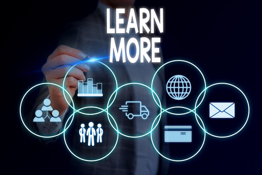 Word writing text Learn More. Business photo showcasing knowledge or skill acquired by instruction Considerable learning Woman wear formal work suit presenting presentation using smart device