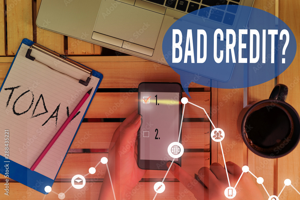 Poster text sign showing bad creditquestion. business photo text inabilityof a demonstrating to repay a deb