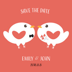 Fototapeta na wymiar cute flat white love birds bride and groom on red background isolated for valentine or wedding invitation card