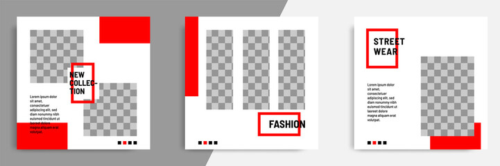 Minimal design background vector illustration in black red white frame color. Editable square abstract vintage, geometric strip line shape banner template for social media post, stories, story, flyer.