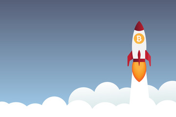 rocket flying over clouds with bitcoin icon vector illustration in flat style with copy space eps10