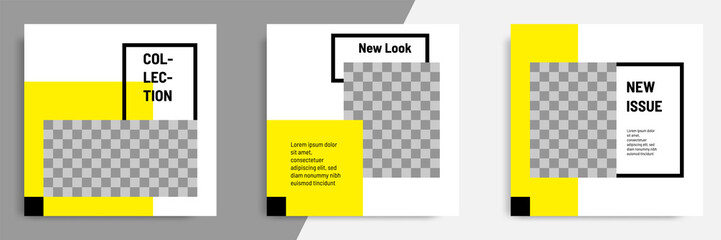 Minimal layout square banner in black yellow frame color. Editable geometric banner template for social media post, stories, story, flyer.	