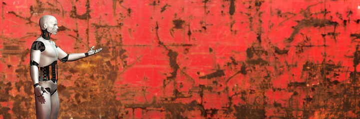 robot, cyborg presenting an empty space in front of a rusty grunge background