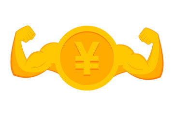 Yuan or yen coin with biceps. Strong economy concept.