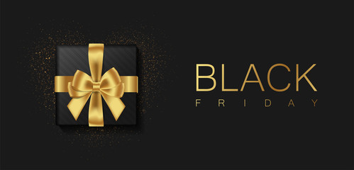 Black Friday sale. Gift box decorated with a gold bow on black background. Top view. Vector illustration.