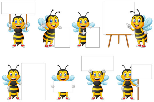 Cartoon cute bee character set and blackboard for writing. vector illustration