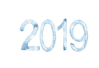 Happy New Year 2019 water splash isolated on white background, water