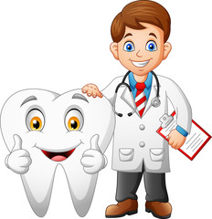 Cartoon funny doctor and tooth. vector illustration