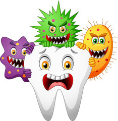 Cartoon tooth attacked by germ. vector illustration