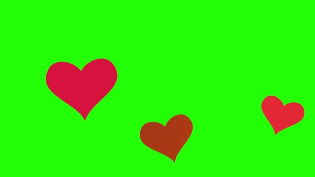 Slow motion of big red hearts in 3D generated flying and floating on green screen. Valentine's day concept. Like and love reaction on chroma key. Gift and wishes for web card. 4k Background animation 